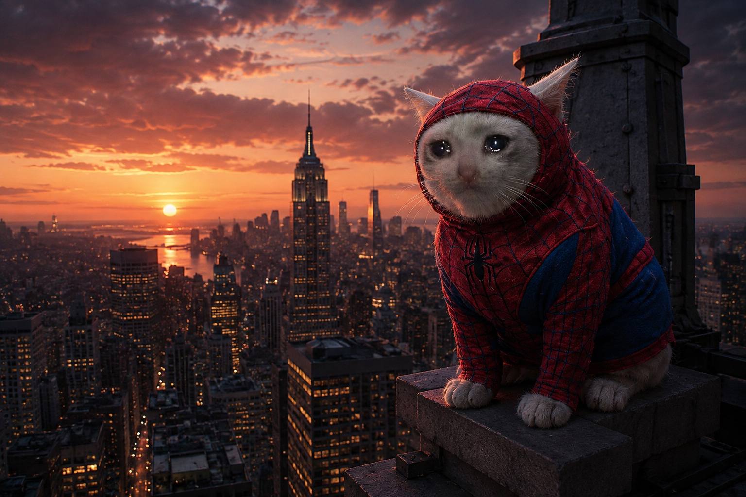 Teary-eyed SPIDERCATE perched on a rooftop ledge overlooking the New York skyline at sunset