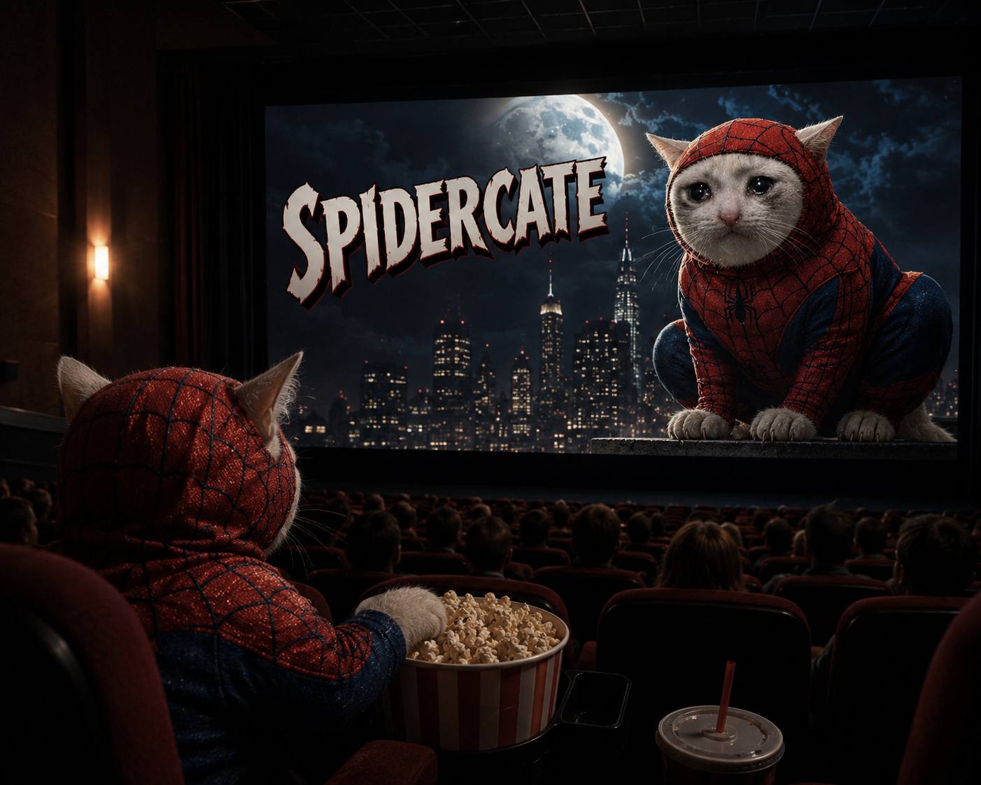 SPIDERCATE teaser preview — a spider-cat watching the SPIDERCATE premiere in a cinema