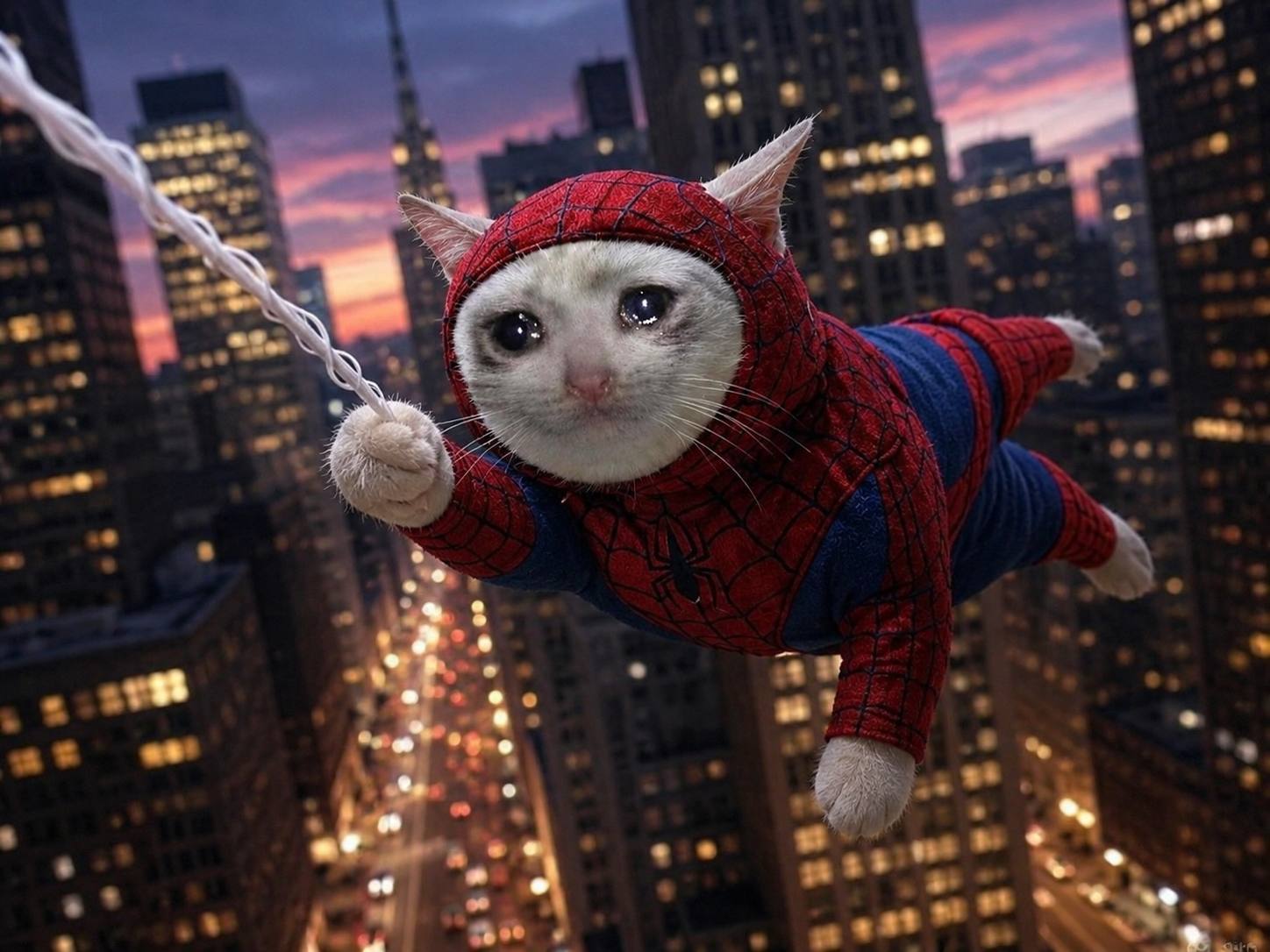 SPIDERCATE swinging on a web between New York skyscrapers at sunset